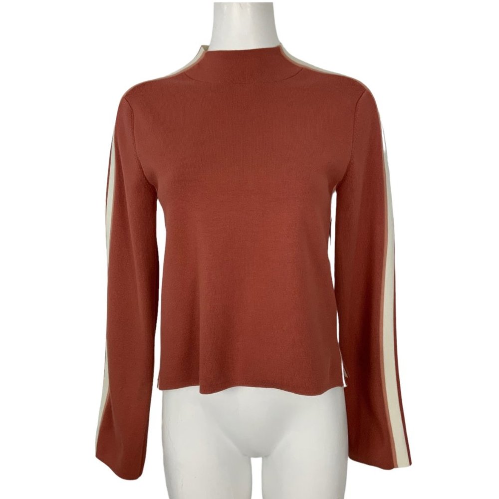 Veronica Beard Rust Brown Crewneck Sweater with Cream Stripe